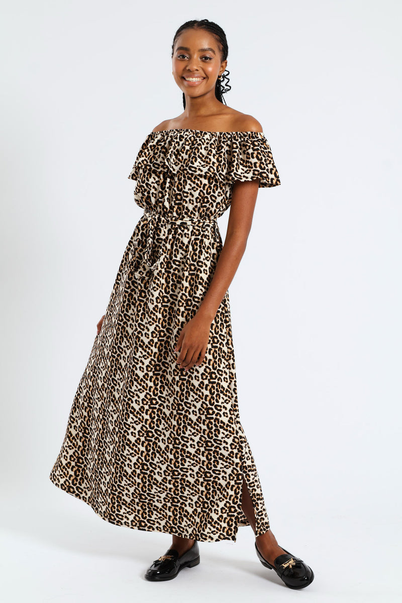 Frill Bardot Self Belted Crinkle Midi Dress - Multi