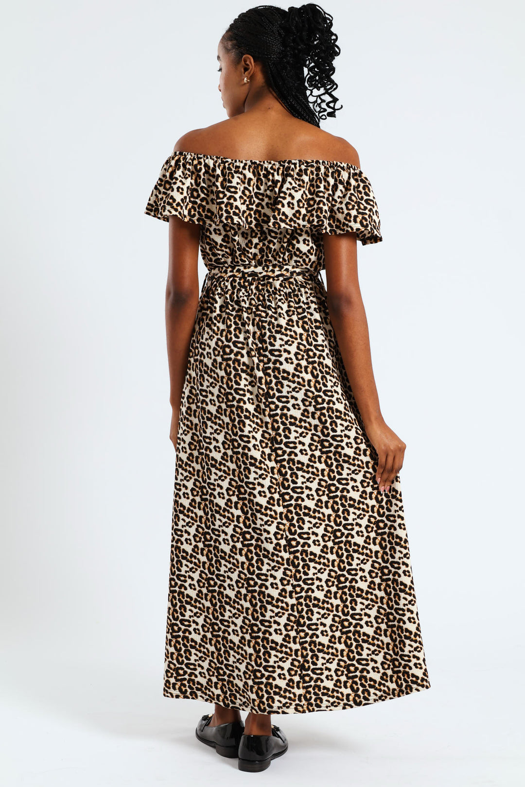 Frill Bardot Self Belted Crinkle Midi Dress - Multi