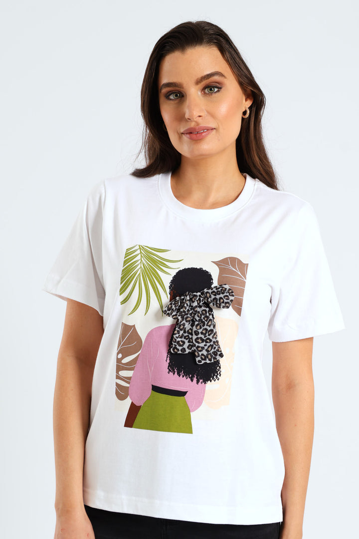 Hair Bow Lady Potrait Rib Neck Boxy Tee - White