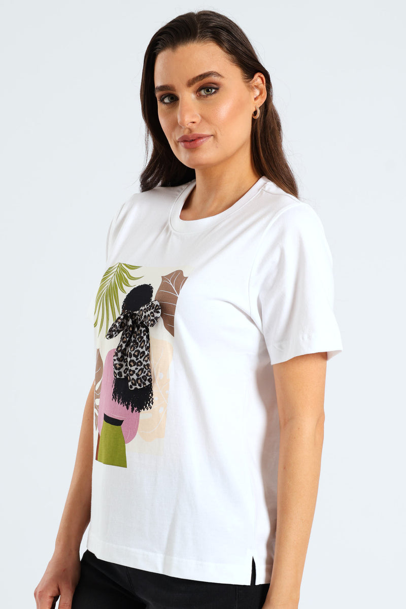 Hair Bow Lady Potrait Rib Neck Boxy Tee - White