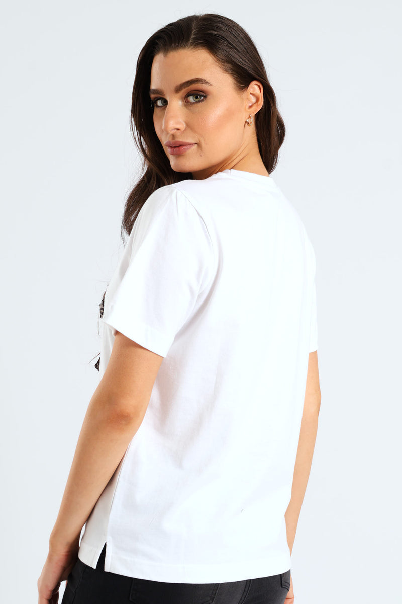 Hair Bow Lady Potrait Rib Neck Boxy Tee - White