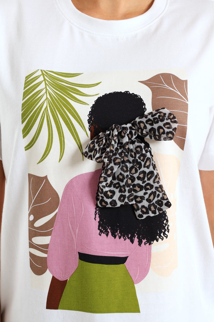 Hair Bow Lady Potrait Rib Neck Boxy Tee - White