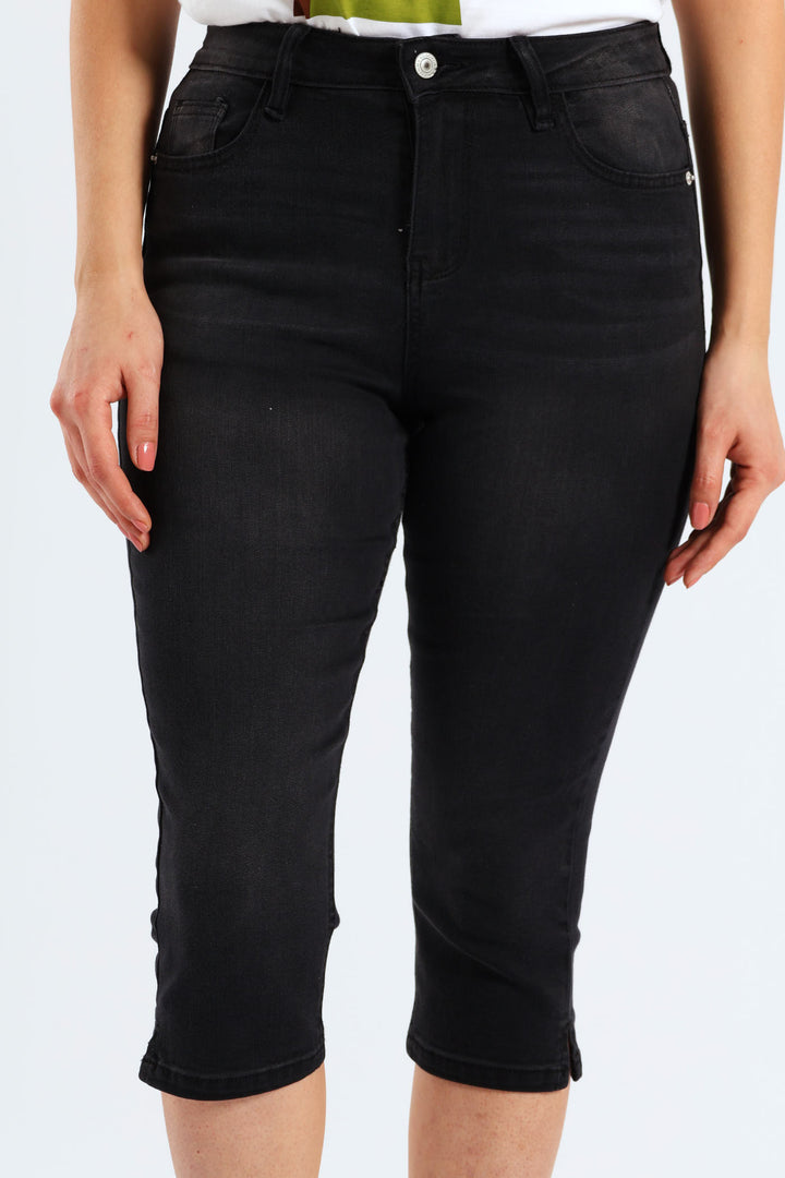 Split Hem Skinny Supersoft Denim Capri Shorts - Black