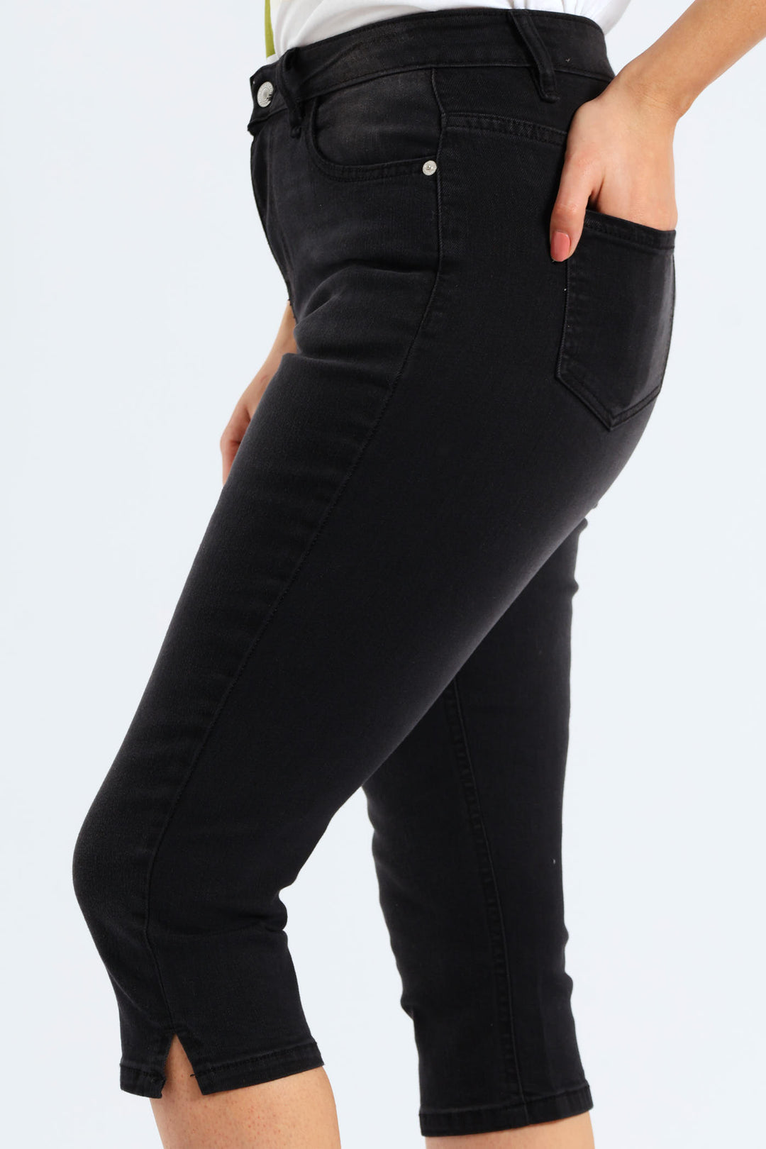 Split Hem Skinny Supersoft Denim Capri Shorts - Black