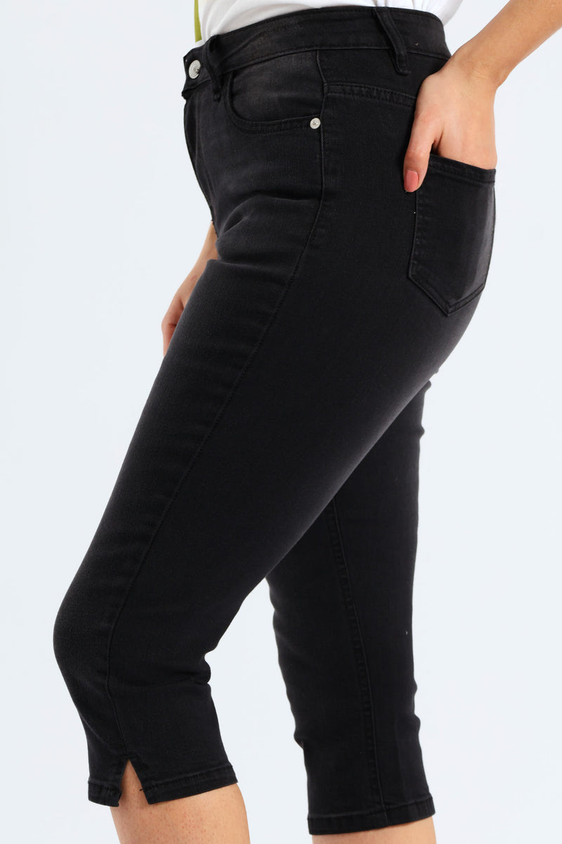 Split Hem Skinny Supersoft Denim Capri Shorts - Black