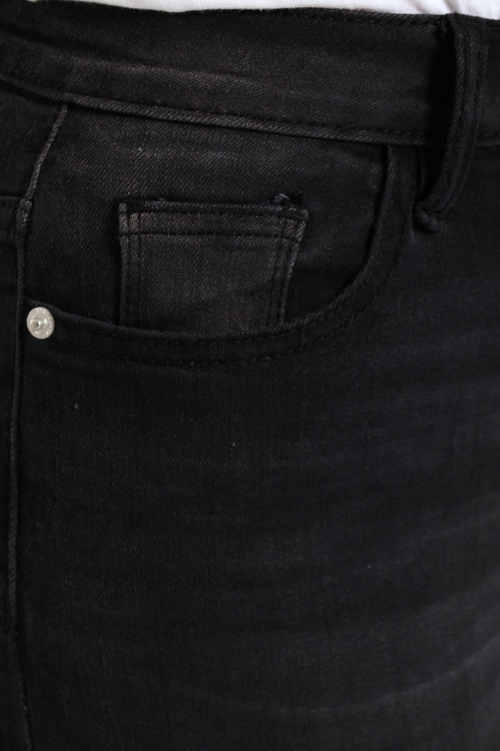 Split Hem Skinny Supersoft Denim Capri Shorts - Black