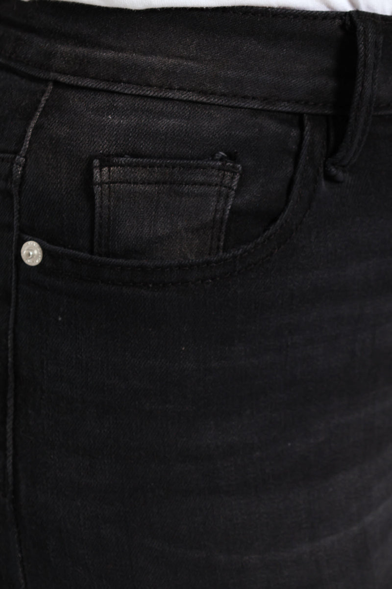 Split Hem Skinny Supersoft Denim Capri Shorts - Black