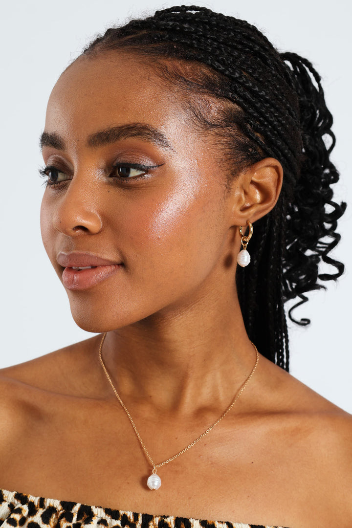 2 Pack Pearl Bead Small Hoop Pendant Earrings - Gold