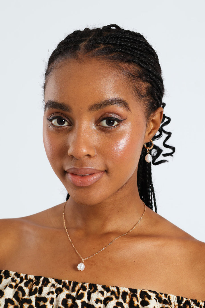 2 Pack Pearl Bead Small Hoop Pendant Earrings - Gold