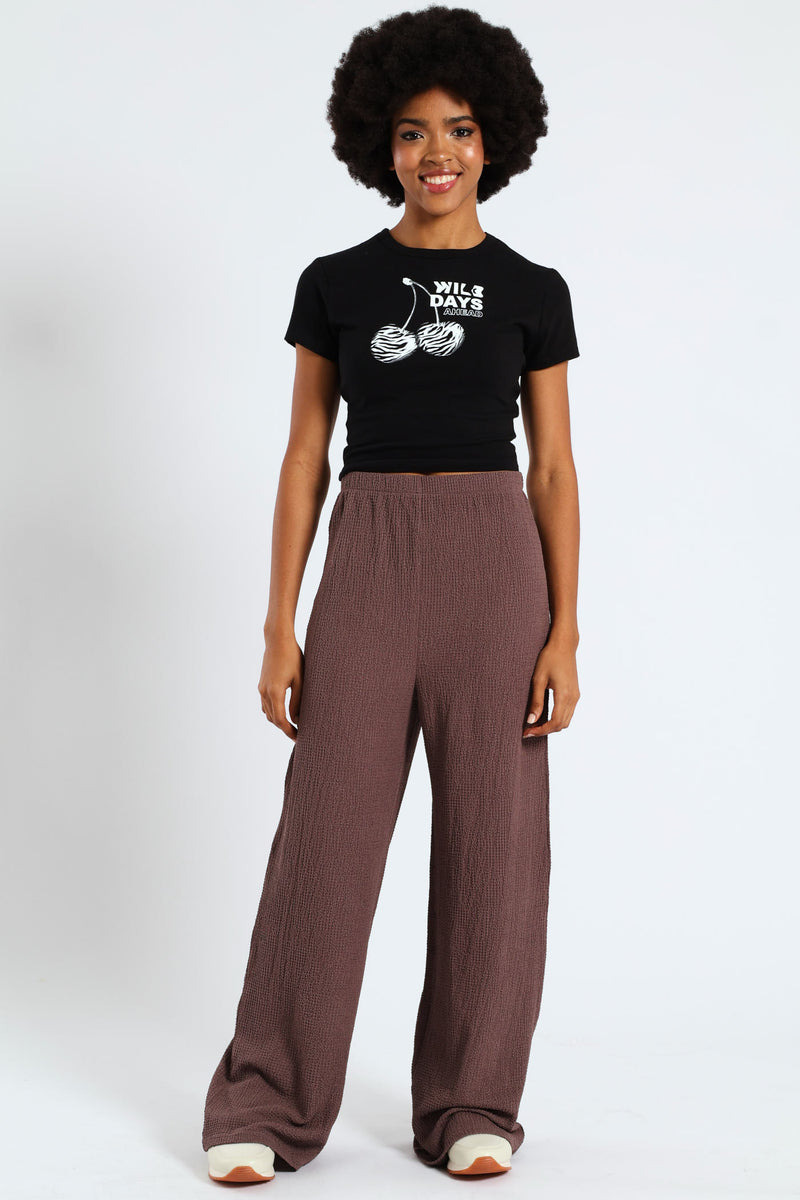 Crinkle Knit Wide Leg Pants - Taupe