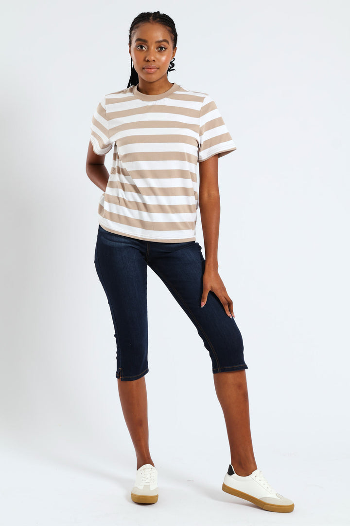 Plain Rib Neck Bold Stripe Boxy Tee - White/Mocha