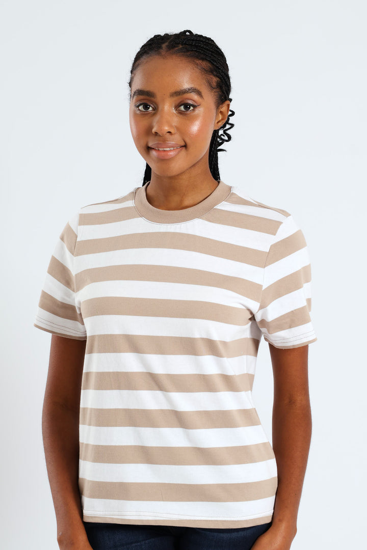 Plain Rib Neck Bold Stripe Boxy Tee - White/Mocha