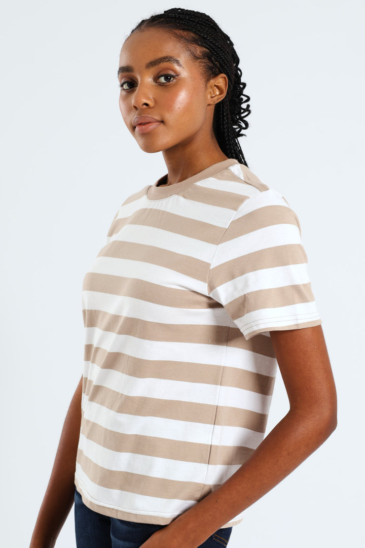 Plain Rib Neck Bold Stripe Boxy Tee - White/Mocha