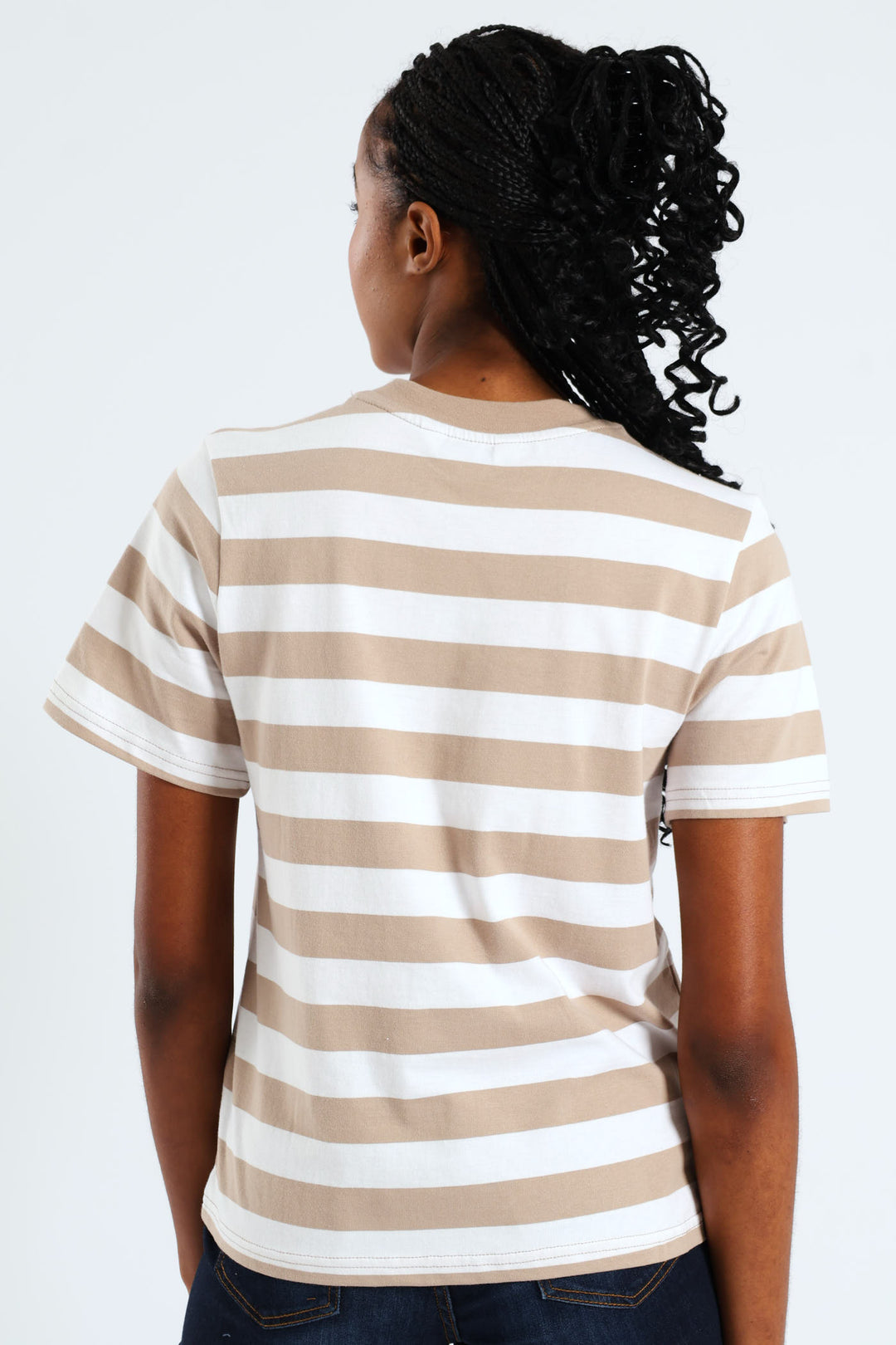 Plain Rib Neck Bold Stripe Boxy Tee - White/Mocha