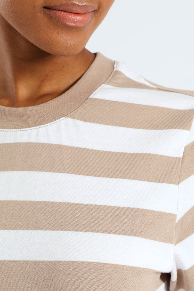 Plain Rib Neck Bold Stripe Boxy Tee - White/Mocha