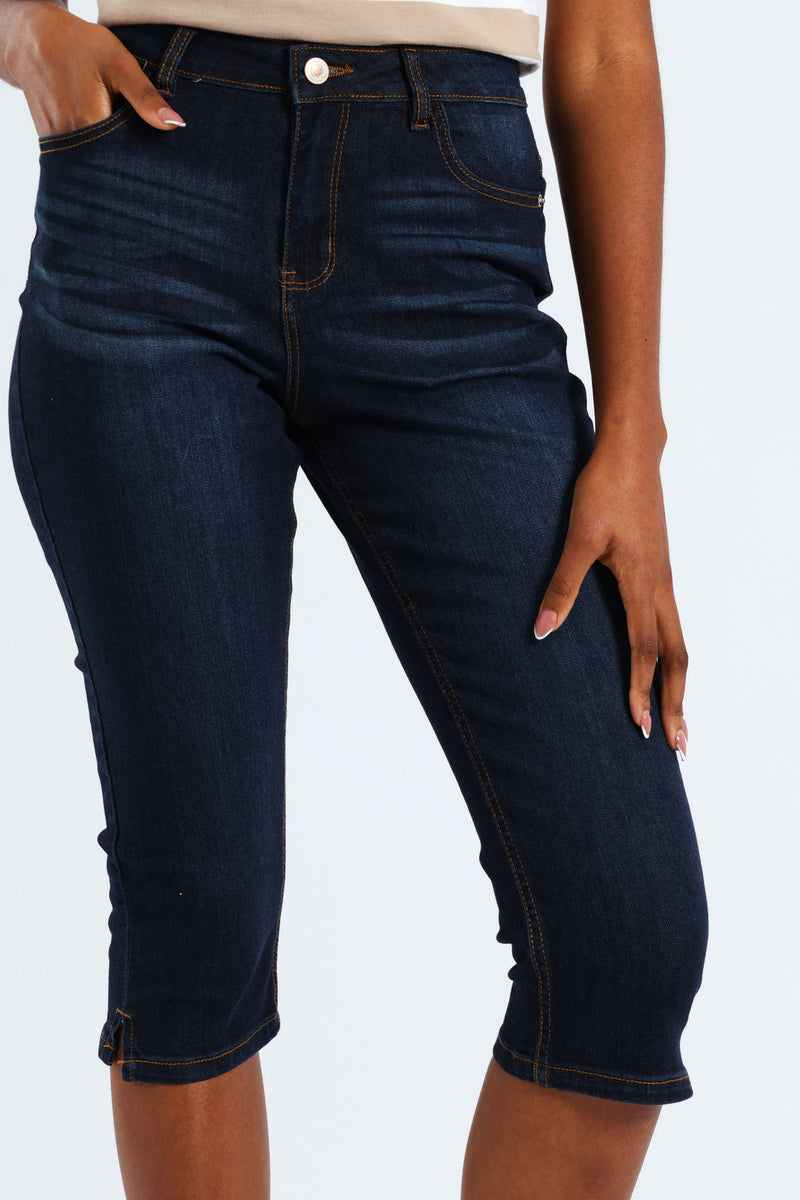 Split Hem Skinny Supersoft Denim Capri Shorts - Ink