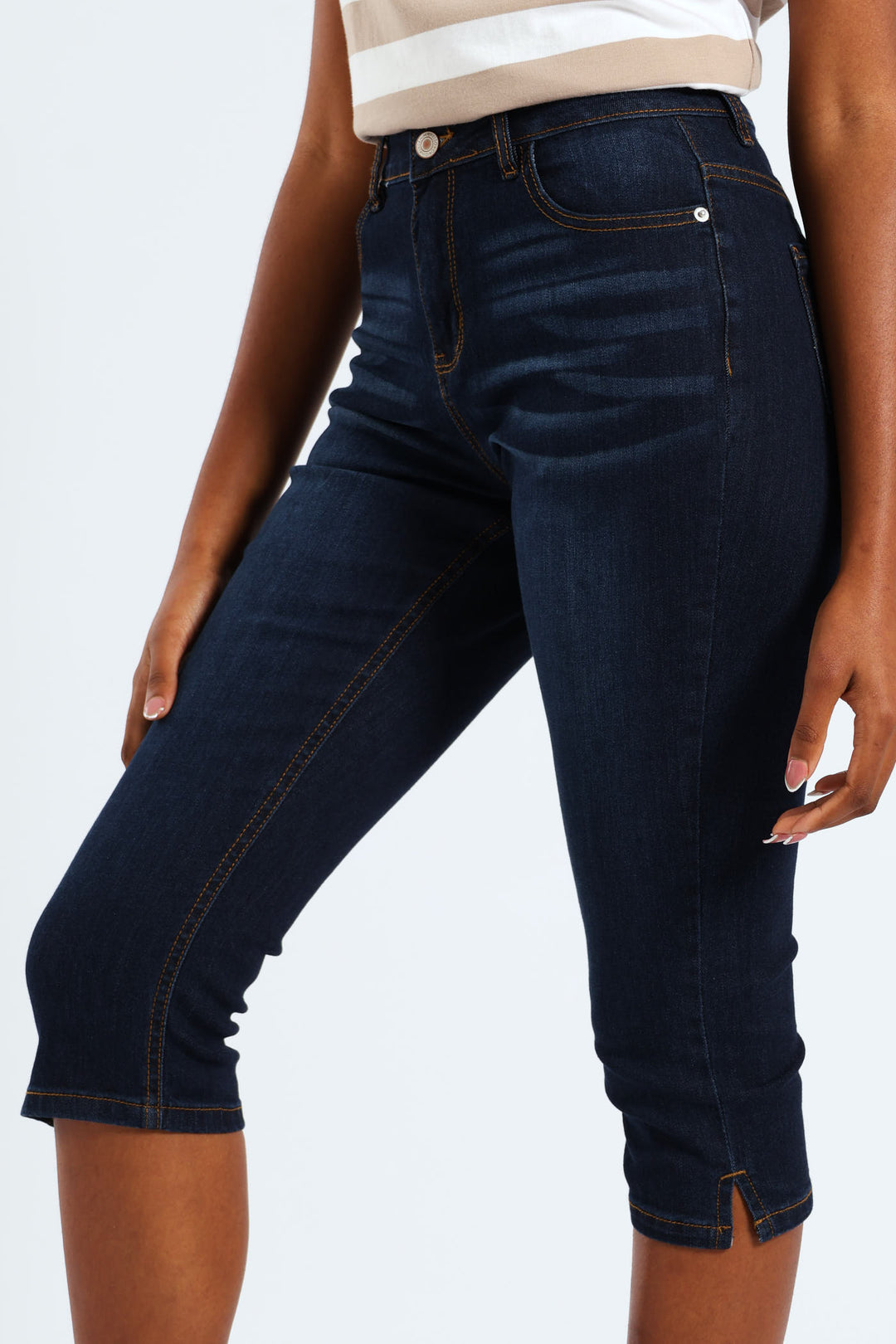 Split Hem Skinny Supersoft Denim Capri Shorts - Ink