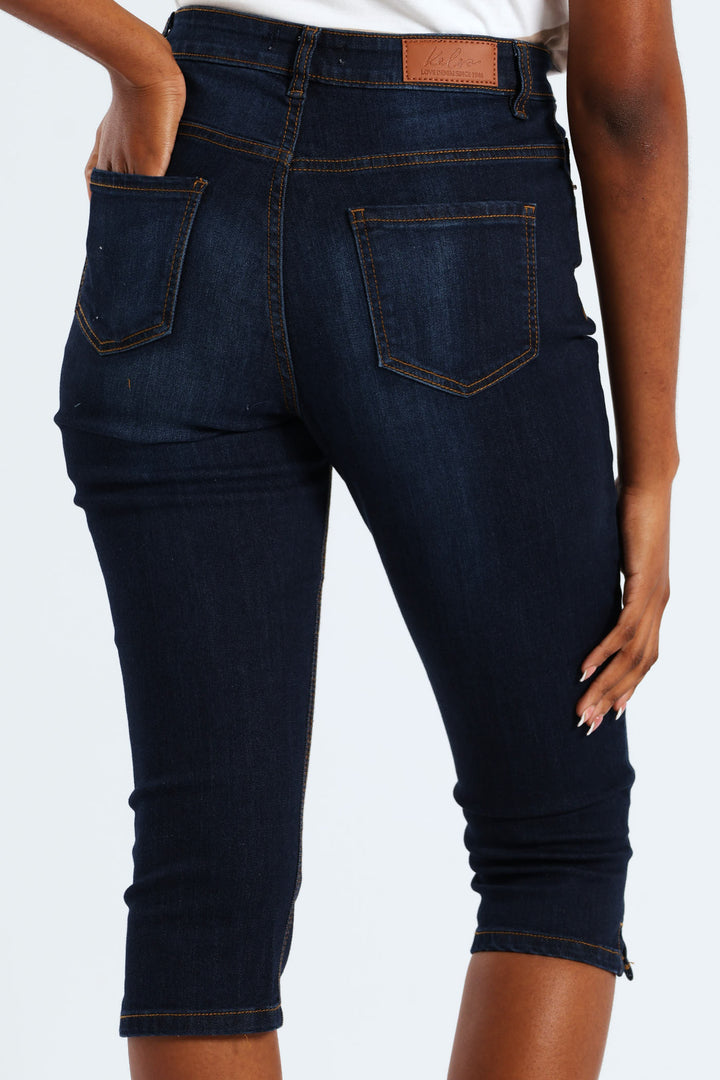 Split Hem Skinny Supersoft Denim Capri Shorts - Ink