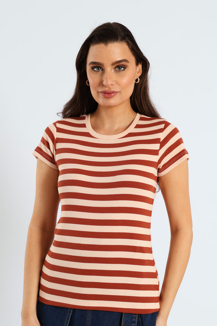 Rib Fitted Stripe Tee - Cinnamon