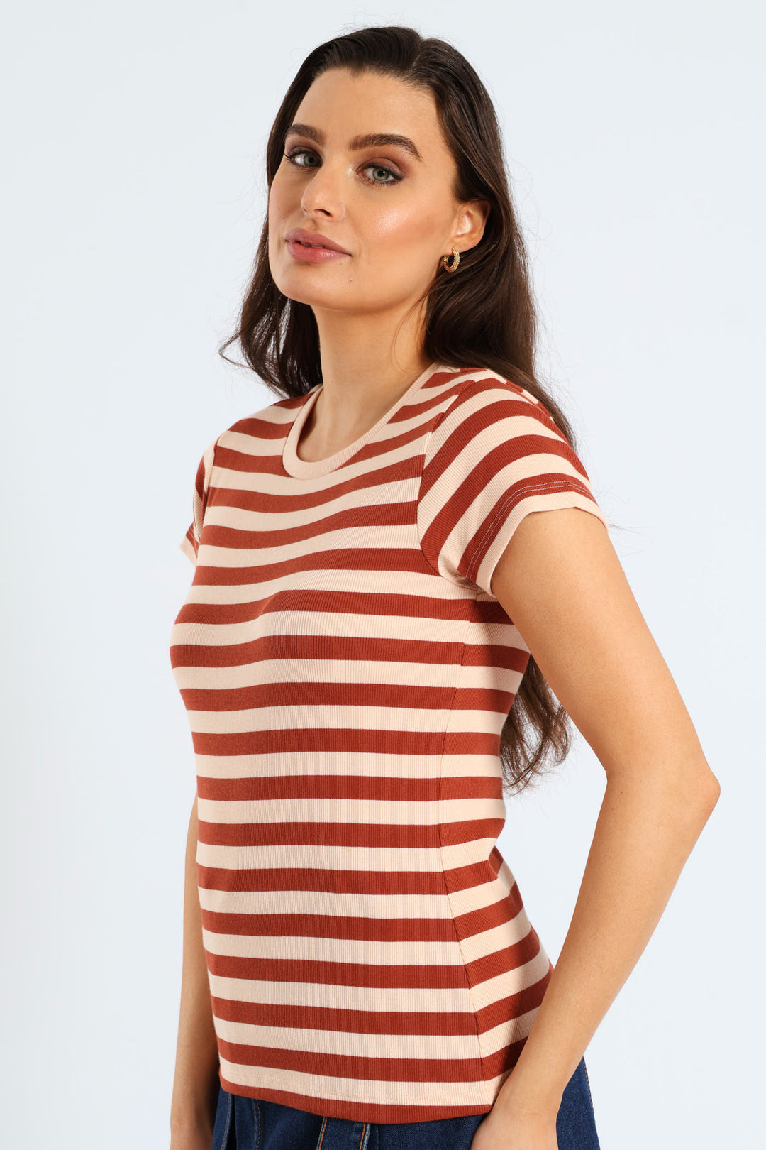 Rib Fitted Stripe Tee - Cinnamon