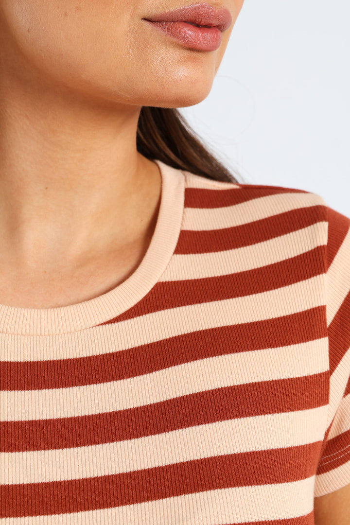 Rib Fitted Stripe Tee - Cinnamon