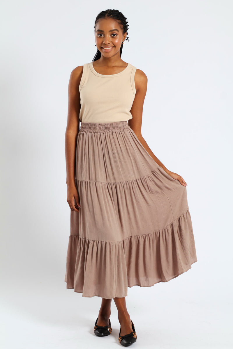 Elasticated Waist Tiered Gypsy Maxi Skirt - Taupe