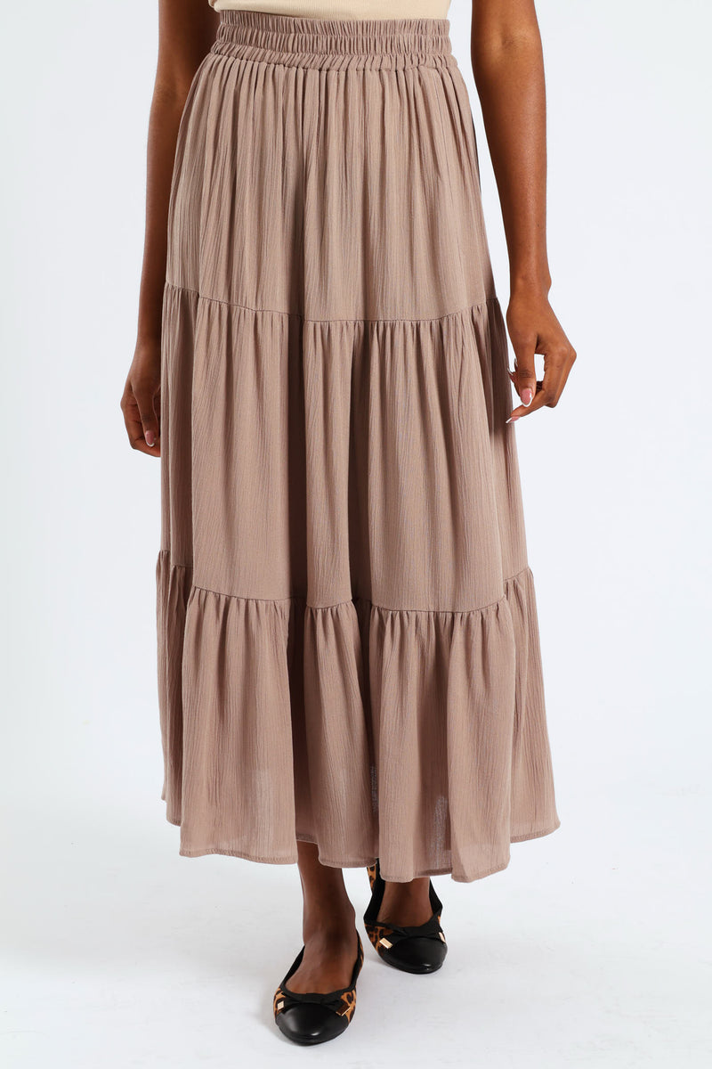 Elasticated Waist Tiered Gypsy Maxi Skirt - Taupe