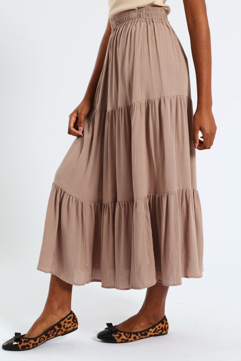 Elasticated Waist Tiered Gypsy Maxi Skirt - Taupe