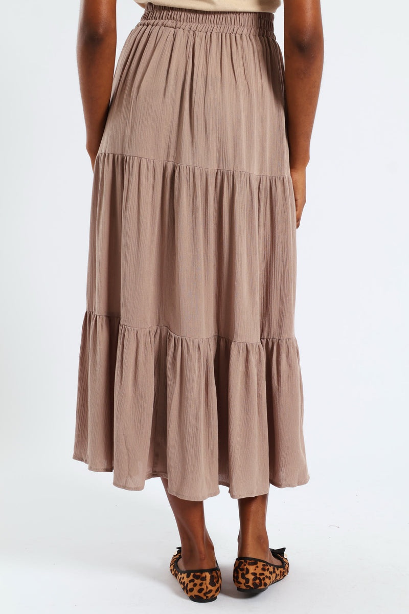 Elasticated Waist Tiered Gypsy Maxi Skirt - Taupe