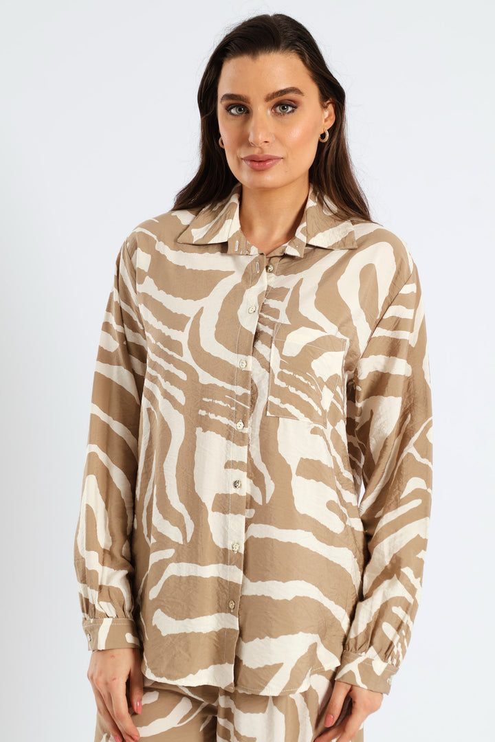 Relaxed Gauged Cuff Zebra Shirt - White/Beige