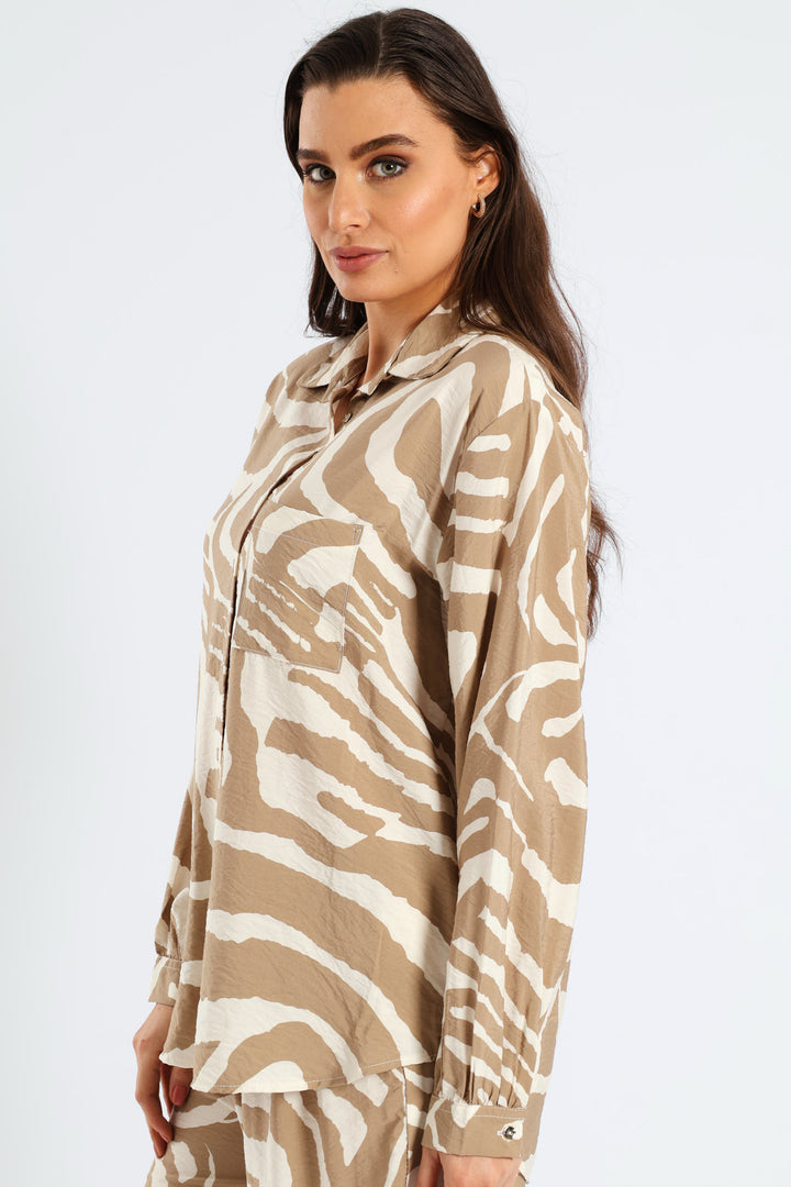 Relaxed Gauged Cuff Zebra Shirt - White/Beige