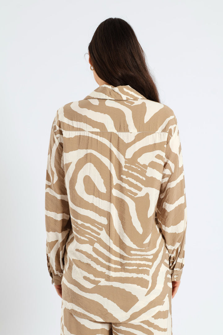 Relaxed Gauged Cuff Zebra Shirt - White/Beige