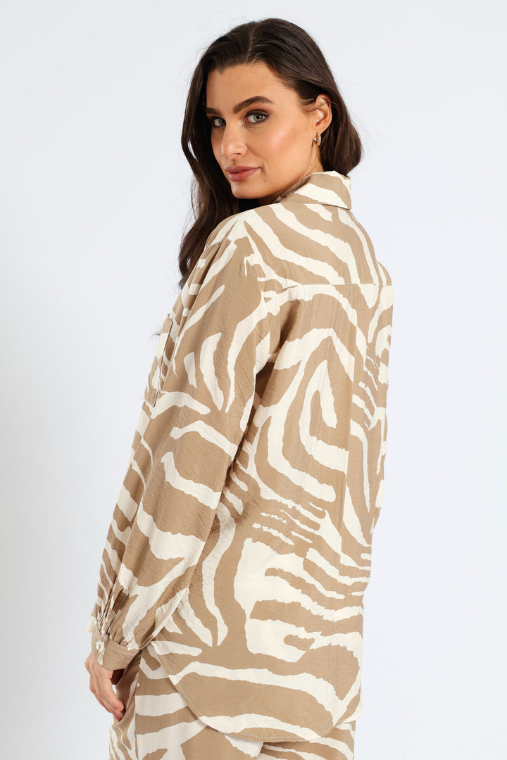 Relaxed Gauged Cuff Zebra Shirt - White/Beige