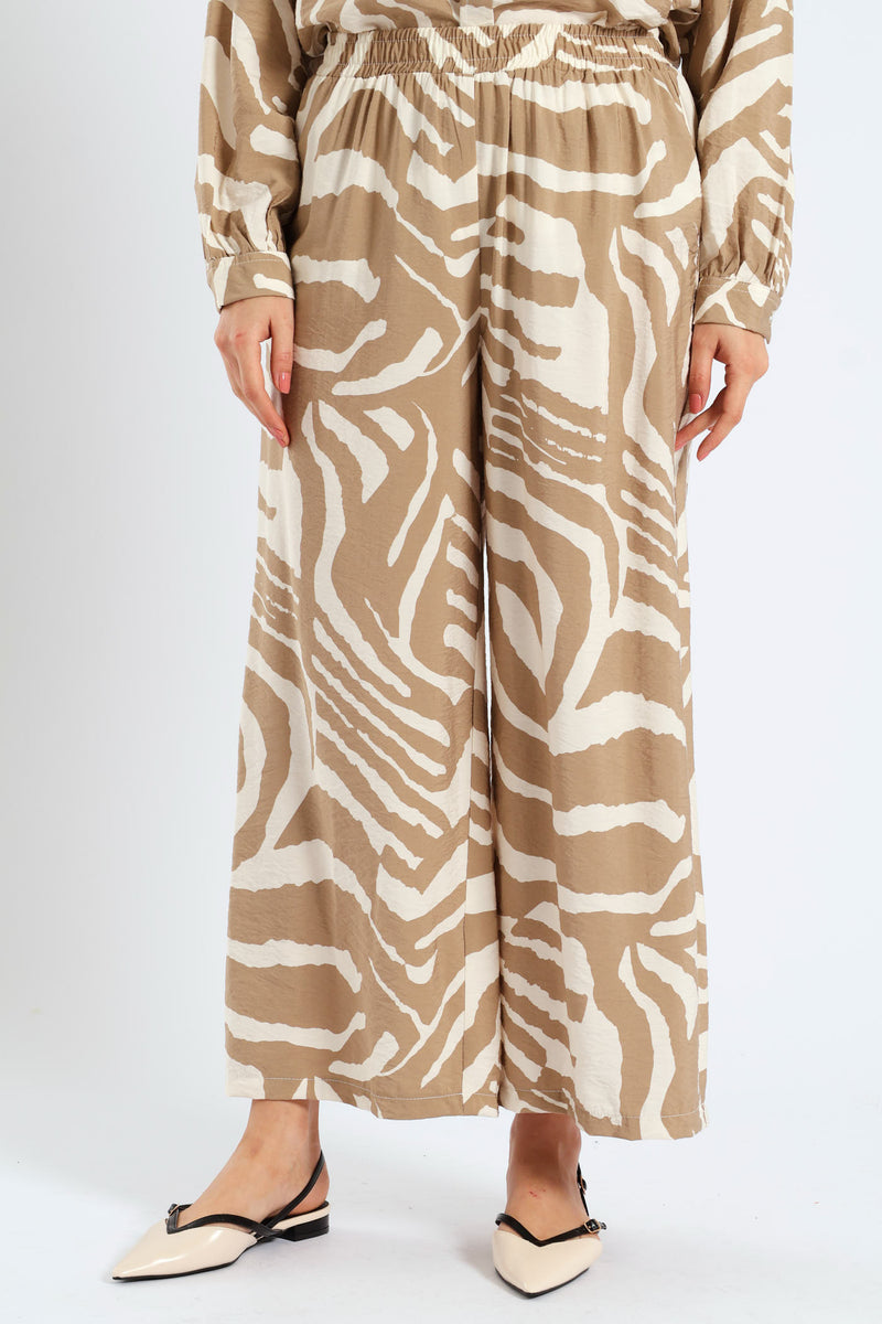 Pull-On Wide Leg Zebra Culotte Pants - White/Beige