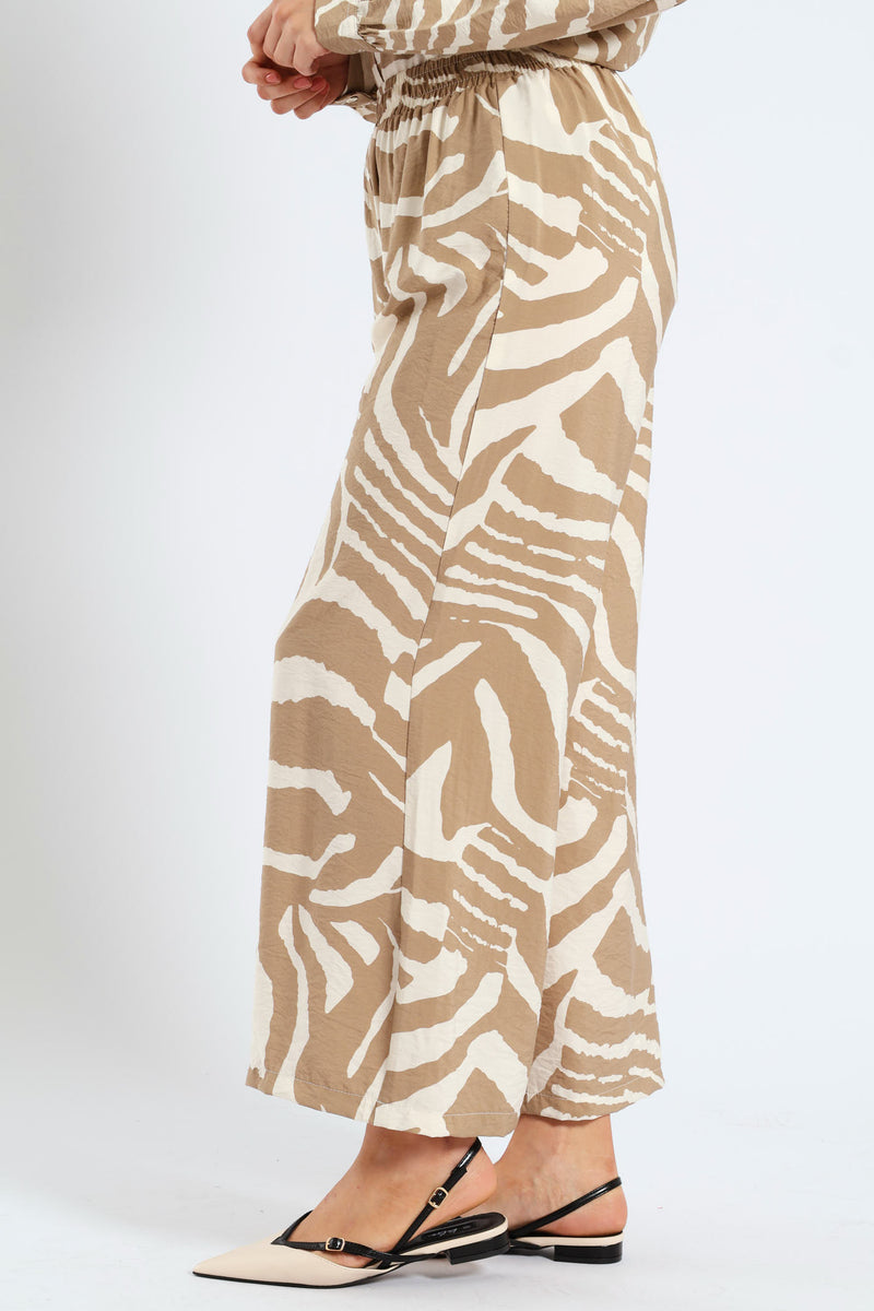 Pull-On Wide Leg Zebra Culotte Pants - White/Beige