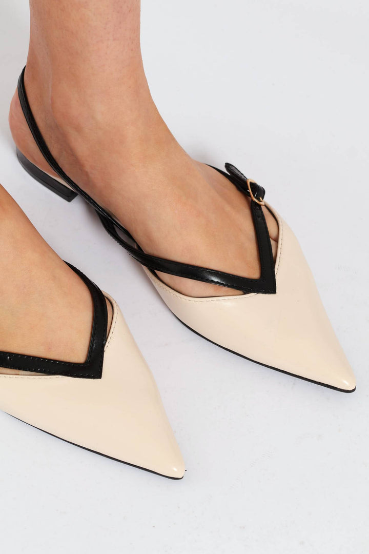 Pointy Buckled Strap Slingback Mule - Ecru