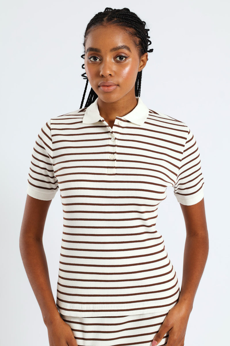 Striped Rib Collar Tee - White/Mocha