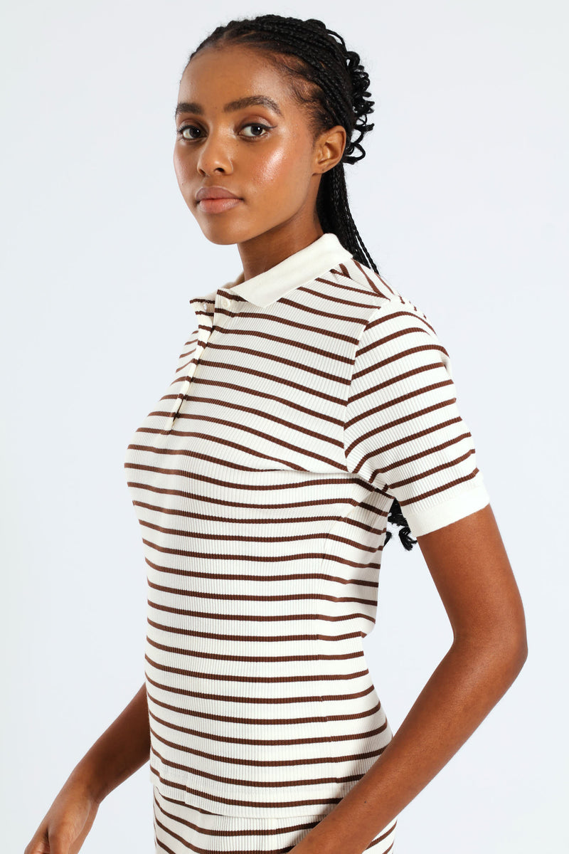 Striped Rib Collar Tee - White/Mocha