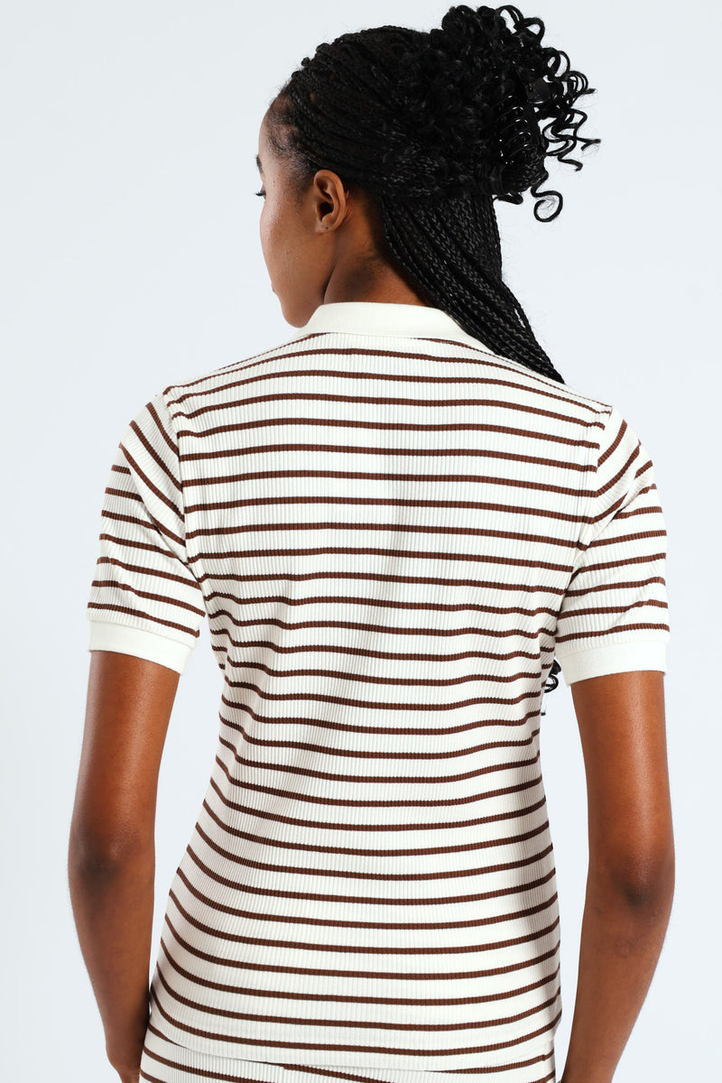 Striped Rib Collar Tee - White/Mocha