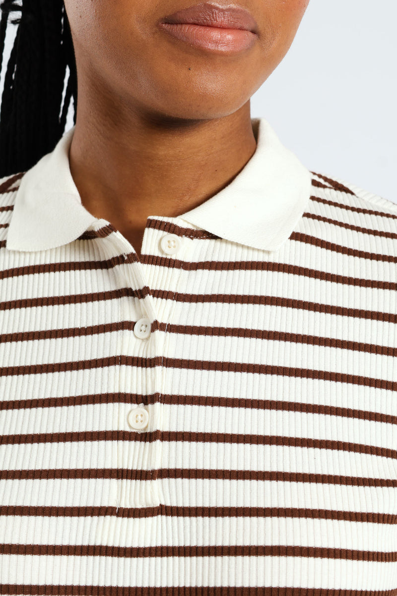 Striped Rib Collar Tee - White/Mocha