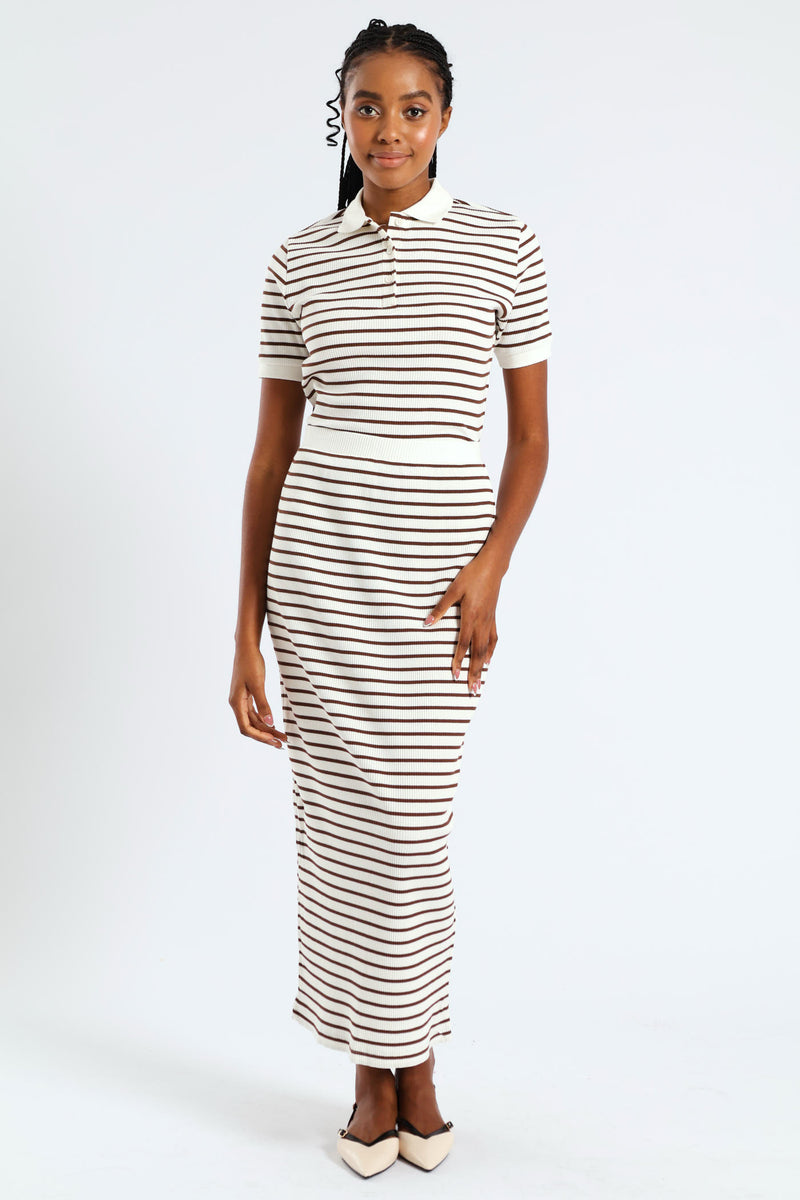 Pull On Striped Rib Midi Skirt - White/Mocha