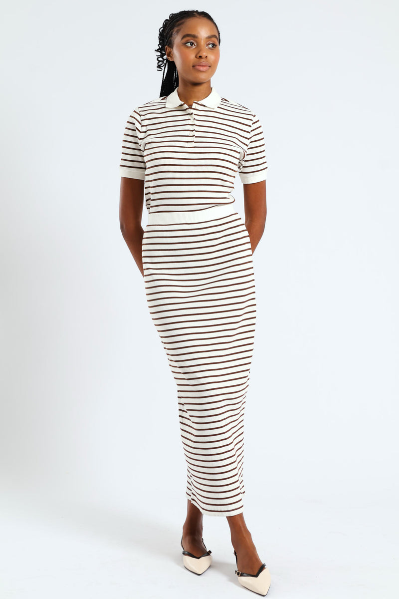 Striped Rib Collar Tee - White/Mocha