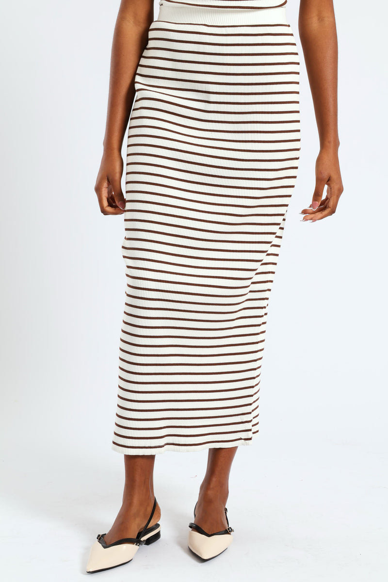 Pull On Striped Rib Midi Skirt - White/Mocha