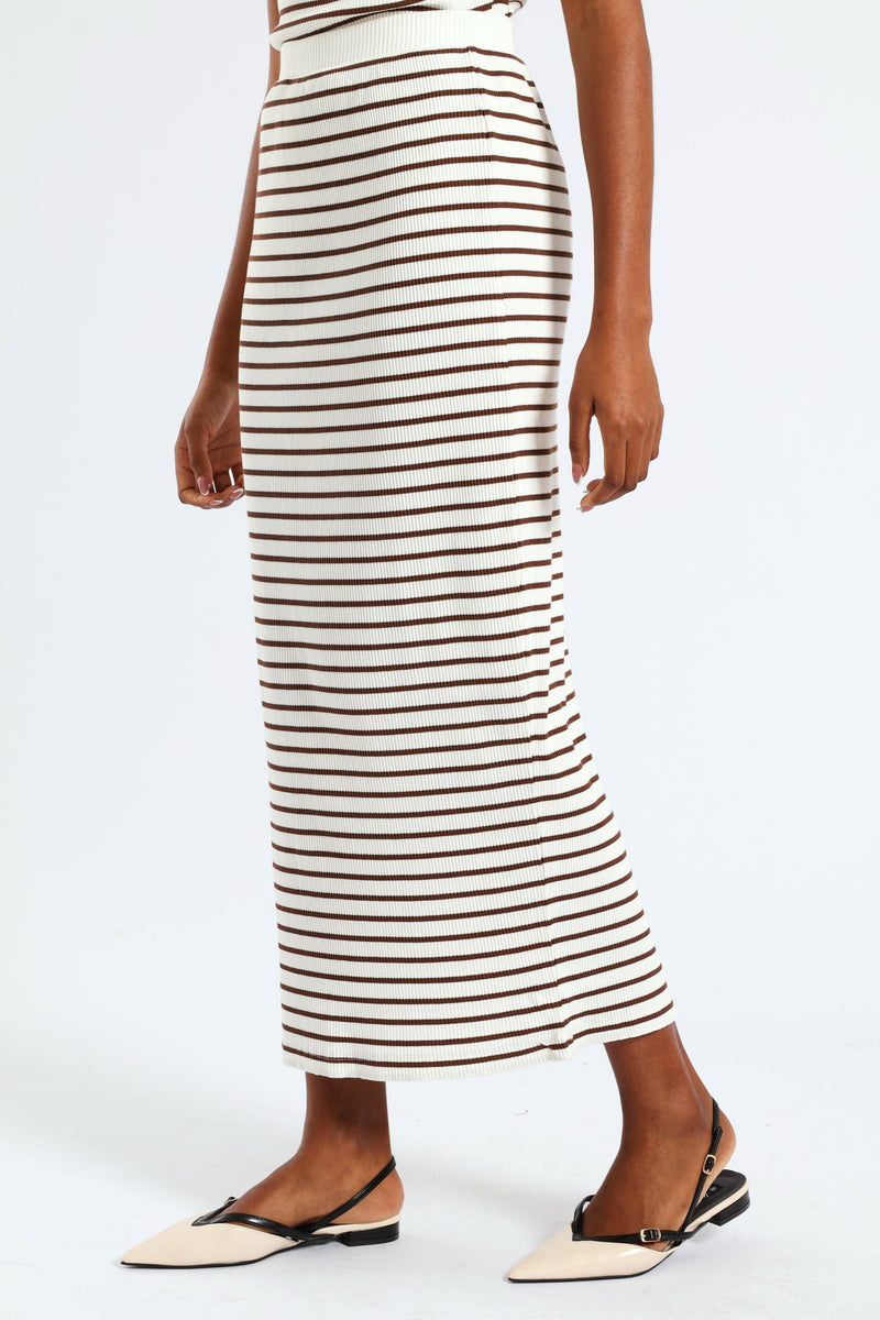 Pull On Striped Rib Midi Skirt - White/Mocha