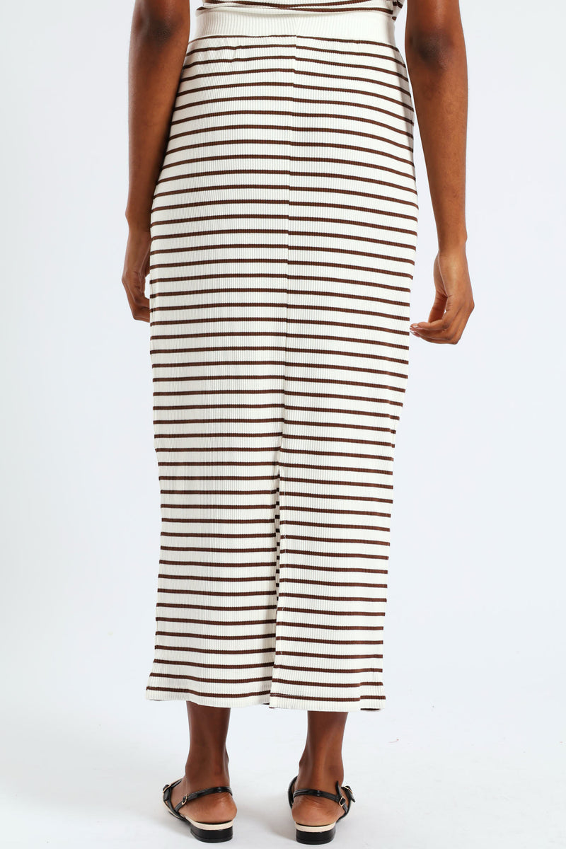 Pull On Striped Rib Midi Skirt - White/Mocha