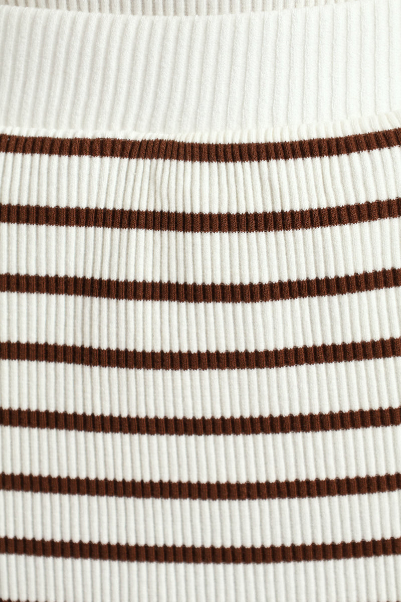 Pull On Striped Rib Midi Skirt - White/Mocha