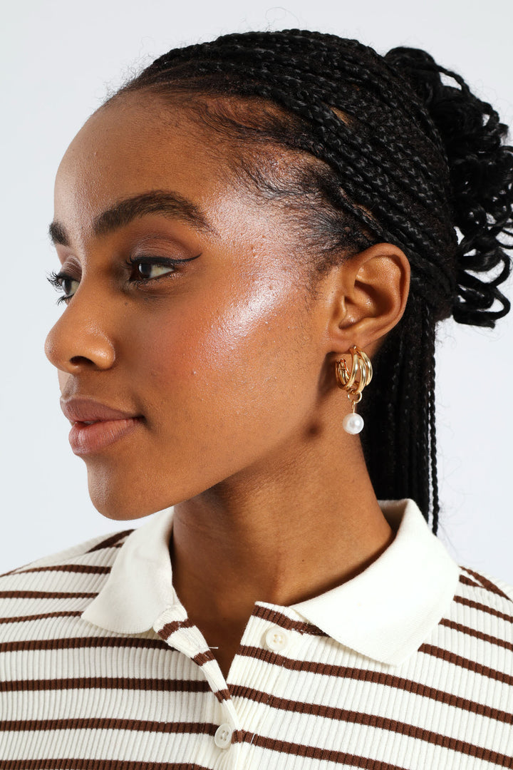 2 Pack Pearl Bead Drop & Multi Hoop Earrings - Gold