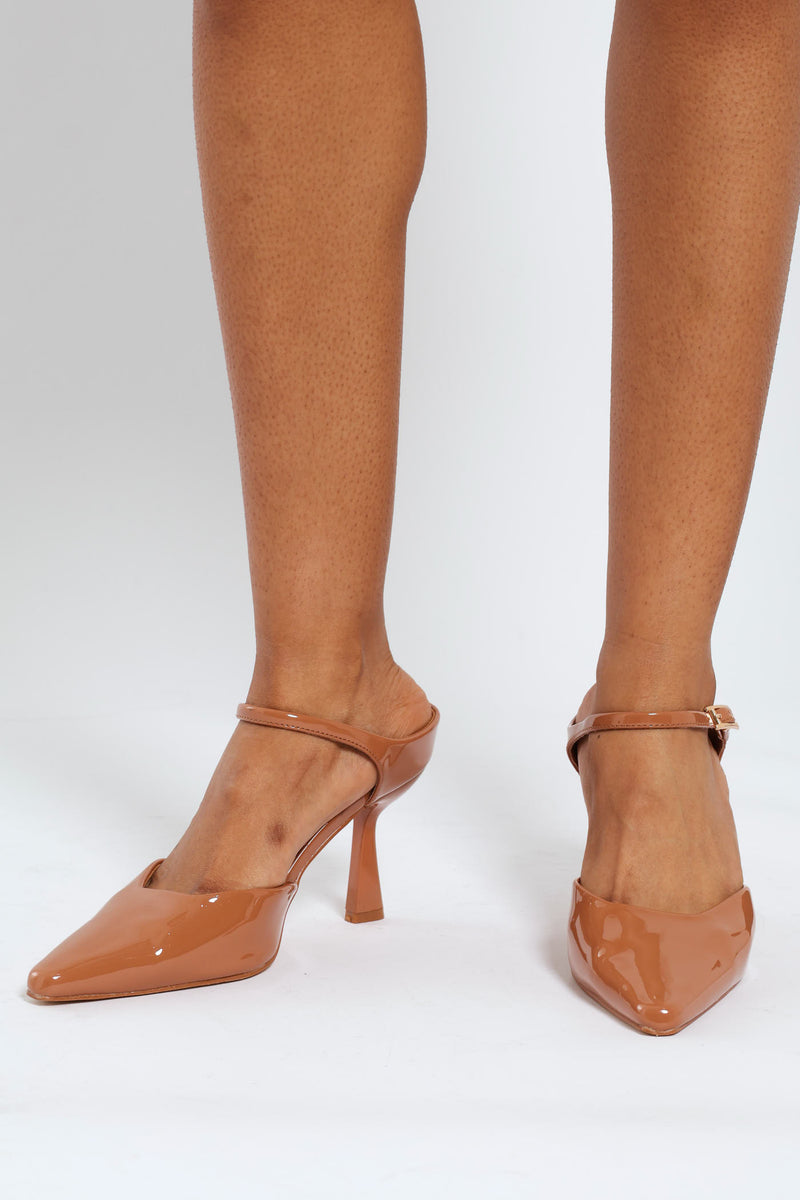 Front Buckle Strap Pointy Stiletto Mule Heel - Taupe