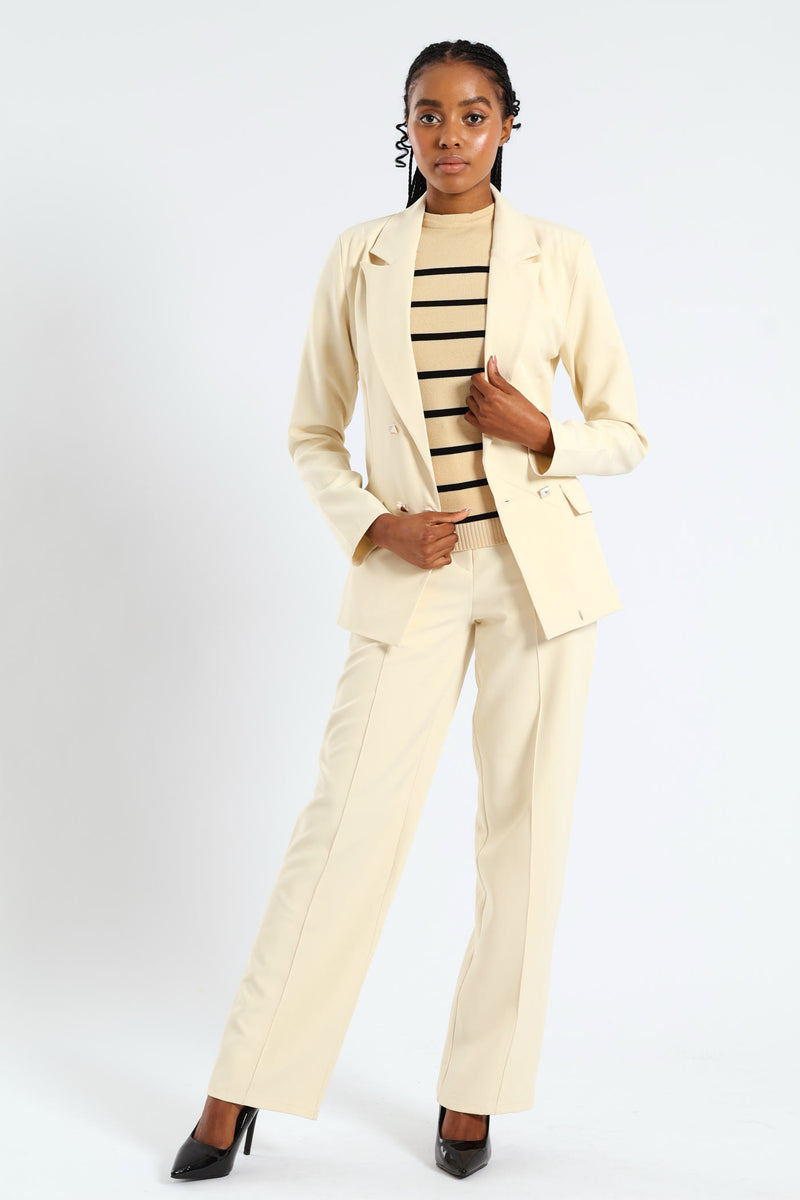 Long Length Double Button Sleeve Blazer - Cream
