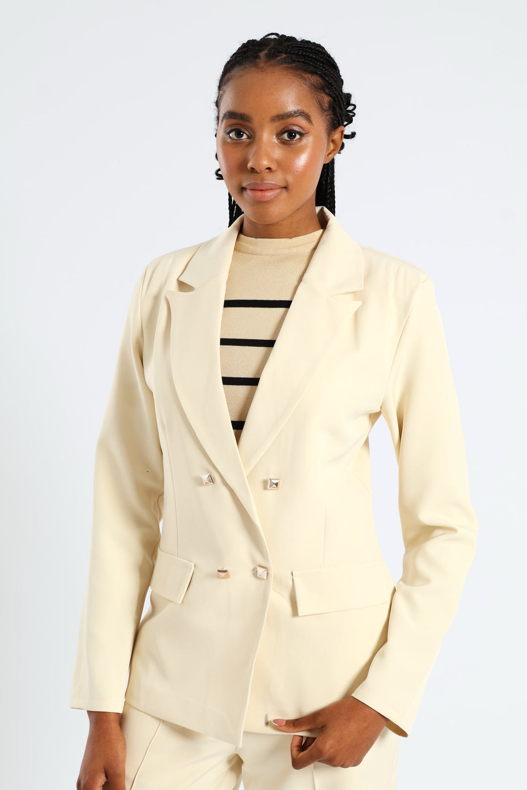 Ladies Long Length Double Button Sleeve Blazer Cream – Edgars